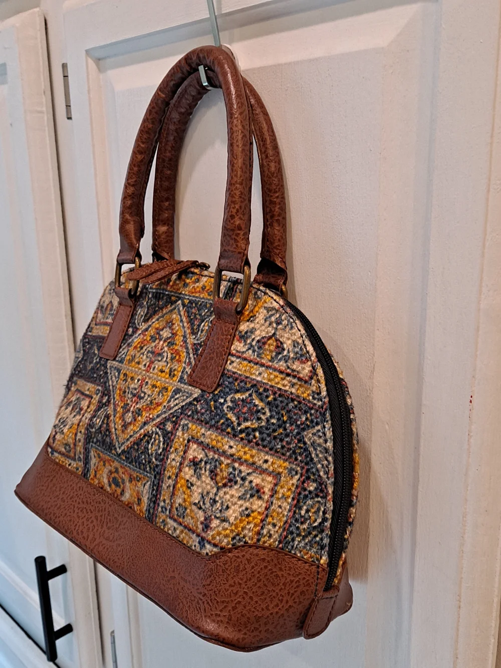Mona B Brown Blue Multi-Pattern Dome Satchel Kilim Inspired Tapestry Vegan Boho